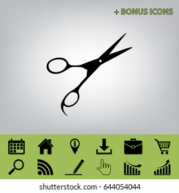 Hair cutting scissors sign. Vector. Black icon at gray background with bonus icons 