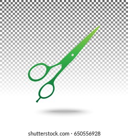 Hair cutting scissors sign. Vector. Green gradient icon with shadow at bottom on transparent and white background.