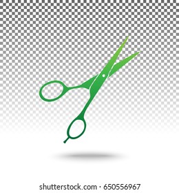 Hair cutting scissors sign. Vector. Green gradient icon with shadow at bottom on transparent and white background.