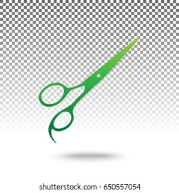 Hair cutting scissors sign. Vector. Green gradient icon with shadow at bottom on transparent and white background.