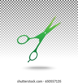 Hair cutting scissors sign. Vector. Green gradient icon with shadow at bottom on transparent and white background.
