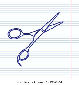 Hair cutting scissors sign. Vector. Navy line icon on notebook paper as background with red line for field.