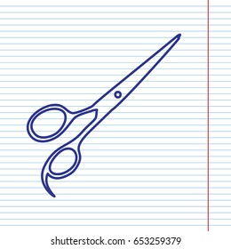 Hair cutting scissors sign. Vector. Navy line icon on notebook paper as background with red line for field.