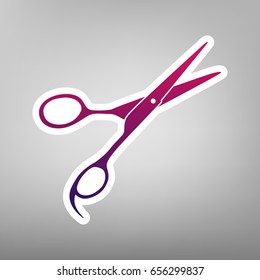 Hair cutting scissors sign. Vector. Purple gradient icon on white paper at gray background.