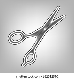 Hair cutting scissors sign. Vector. Pencil sketch imitation. Dark gray scribble icon with dark gray outer contour at gray background.