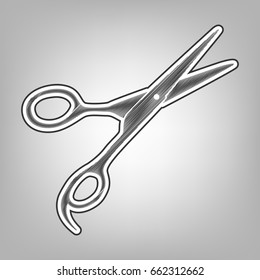 Hair cutting scissors sign. Vector. Pencil sketch imitation. Dark gray scribble icon with dark gray outer contour at gray background.