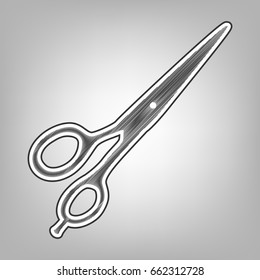 Hair cutting scissors sign. Vector. Pencil sketch imitation. Dark gray scribble icon with dark gray outer contour at gray background.