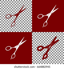 Hair cutting scissors sign. Vector. Bordo and white icons and line icons on chess board with transparent background.