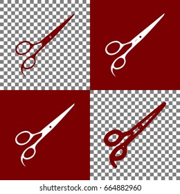 Hair cutting scissors sign. Vector. Bordo and white icons and line icons on chess board with transparent background.