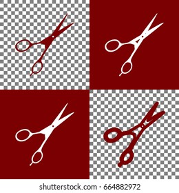 Hair cutting scissors sign. Vector. Bordo and white icons and line icons on chess board with transparent background.