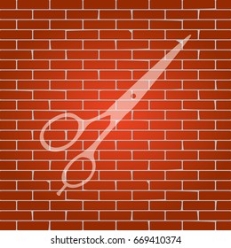 Hair cutting scissors sign. Vector. Whitish icon on brick wall as background.