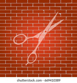 Hair cutting scissors sign. Vector. Whitish icon on brick wall as background.