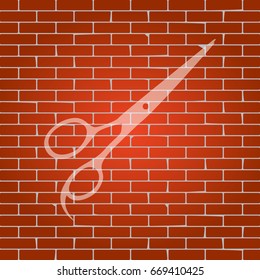 Hair cutting scissors sign. Vector. Whitish icon on brick wall as background.