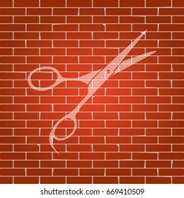 Hair cutting scissors sign. Vector. Whitish icon on brick wall as background.