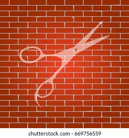 Hair cutting scissors sign. Vector. Whitish icon on brick wall as background.