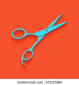 Hair cutting scissors sign. Vector. Blue icon with soft shadow putted down on flamingo background.