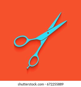 Hair cutting scissors sign. Vector. Blue icon with soft shadow putted down on flamingo background.