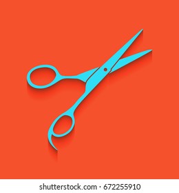 Hair cutting scissors sign. Vector. Blue icon with soft shadow putted down on flamingo background.