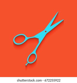 Hair cutting scissors sign. Vector. Blue icon with soft shadow putted down on flamingo background.