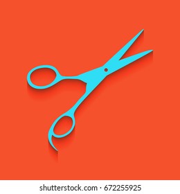 Hair cutting scissors sign. Vector. Blue icon with soft shadow putted down on flamingo background.