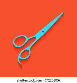 Hair cutting scissors sign. Vector. Blue icon with soft shadow putted down on flamingo background.