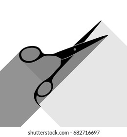 Hair cutting scissors sign. Vector. Black icon with two flat gray shadows on white background.
