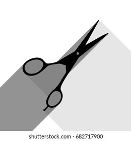 Hair cutting scissors sign. Vector. Black icon with two flat gray shadows on white background.