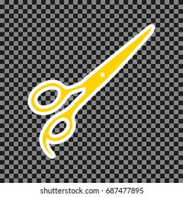 Hair cutting scissors sign. Vector. Yellow icon with white contour on dark transparent background.