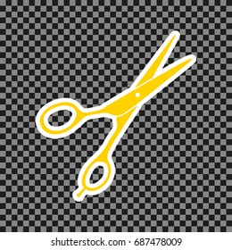 Hair cutting scissors sign. Vector. Yellow icon with white contour on dark transparent background.
