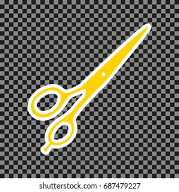 Hair cutting scissors sign. Vector. Yellow icon with white contour on dark transparent background.