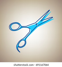 Hair cutting scissors sign. Vector. Sky blue icon with defected blue contour on beige background.