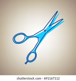 Hair cutting scissors sign. Vector. Sky blue icon with defected blue contour on beige background.