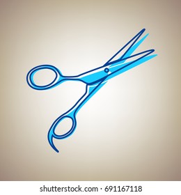 Hair cutting scissors sign. Vector. Sky blue icon with defected blue contour on beige background.