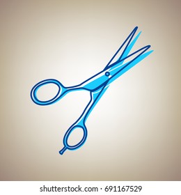 Hair cutting scissors sign. Vector. Sky blue icon with defected blue contour on beige background.
