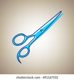 Hair cutting scissors sign. Vector. Sky blue icon with defected blue contour on beige background.