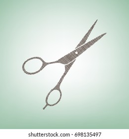 Hair cutting scissors sign. Vector. Brown flax icon on green background with light spot at the center.