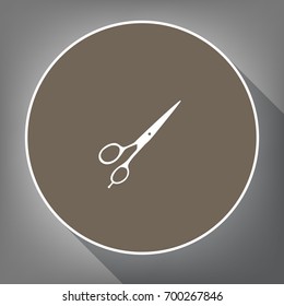 Hair cutting scissors sign. Vector. White icon on brown circle with white contour and long shadow at gray background. Like top view on postament.