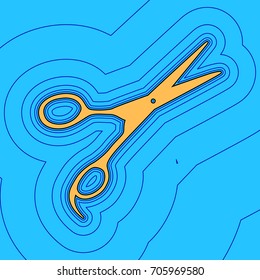 Hair cutting scissors sign. Vector. Sand color icon with black contour and equidistant blue contours like field at sky blue background. Like waves on map - island in ocean or sea.