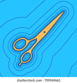Hair cutting scissors sign. Vector. Sand color icon with black contour and equidistant blue contours like field at sky blue background. Like waves on map - island in ocean or sea.