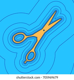 Hair cutting scissors sign. Vector. Sand color icon with black contour and equidistant blue contours like field at sky blue background. Like waves on map - island in ocean or sea.
