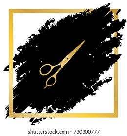 Hair cutting scissors sign. Vector. Golden icon at black spot inside golden frame on white background.