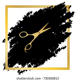 Hair cutting scissors sign. Vector. Golden icon at black spot inside golden frame on white background.