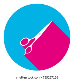 Hair cutting scissors sign. Vector. Flat white icon with mexican pink shadow inside sky blue(S and G) circle at white background. Isolated. Trend colors in 2017.