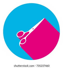 Hair cutting scissors sign. Vector. Flat white icon with mexican pink shadow inside sky blue(S and G) circle at white background. Isolated. Trend colors in 2017.