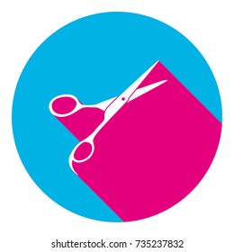 Hair cutting scissors sign. Vector. Flat white icon with mexican pink shadow inside sky blue(S and G) circle at white background. Isolated. Trend colors in 2017.