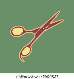 Hair cutting scissors sign. Vector. Cordovan icon and mellow apricot halo with light khaki filled space at russian green background.
