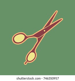 Hair cutting scissors sign. Vector. Cordovan icon and mellow apricot halo with light khaki filled space at russian green background.