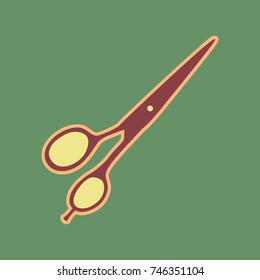 Hair cutting scissors sign. Vector. Cordovan icon and mellow apricot halo with light khaki filled space at russian green background.