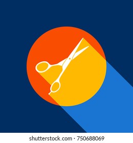 Hair cutting scissors sign. Vector. White icon on tangelo circle with infinite shadow of light at cool   background. Selective yellow and bright navy blue are produced.