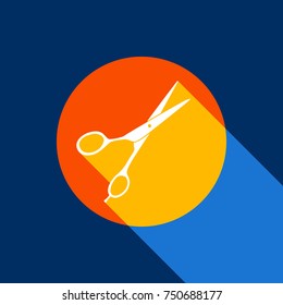 Hair cutting scissors sign. Vector. White icon on tangelo circle with infinite shadow of light at cool   background. Selective yellow and bright navy blue are produced.